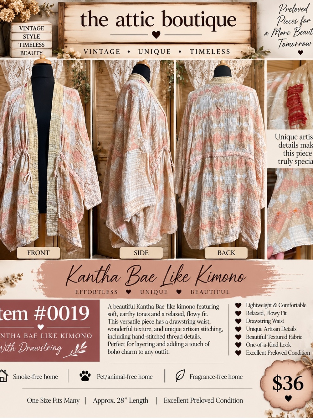Lightweight Peach & Cream Kimono Jacket with Drawstring